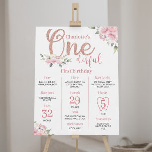 Poster Symbole rose floral fille 1er anniversaire Jalon