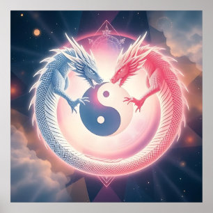 Poster Symbole Yin Yang du dragon rouge et noir