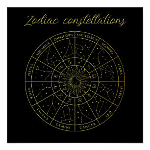 Poster Symbole Zodiac horoscope constellations carte or