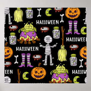 Poster Symboles d'Halloween, thème vintage sans couture