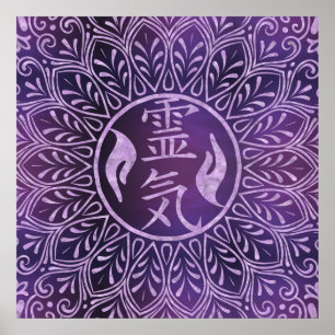 Poster Symboles Reiki et mains de guérison sur la lumière