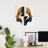 Poster Symmetrical Abstract Portrait in Ochre and Slate (Bureau à domicile)