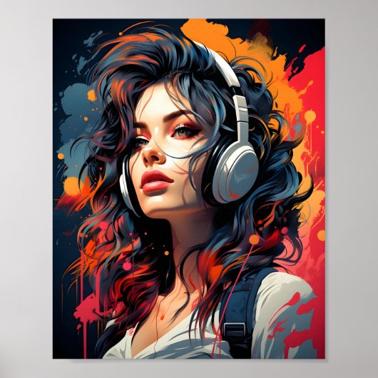 Poster Synthwave Art Nouveau Punk GIRL Écouter De La Musi (Devant)