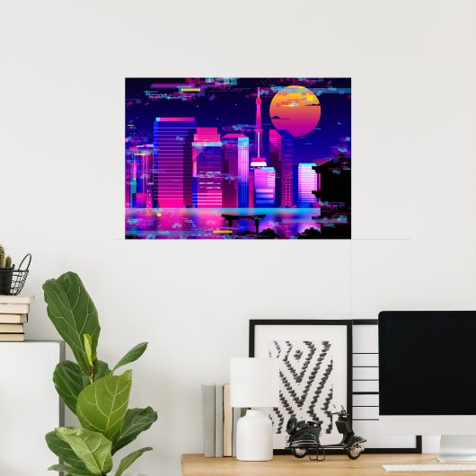 Poster Synthwave Neon City - Tokio glitch (Bureau à domicile)
