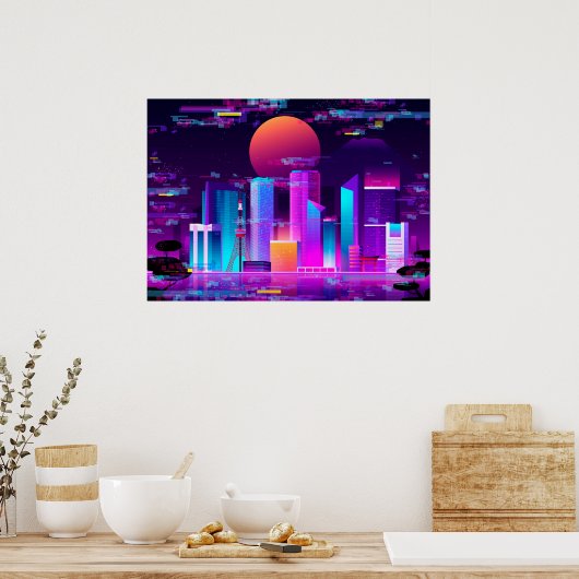 Poster Synthwave Neon City - Tokio glitch (Cuisine)