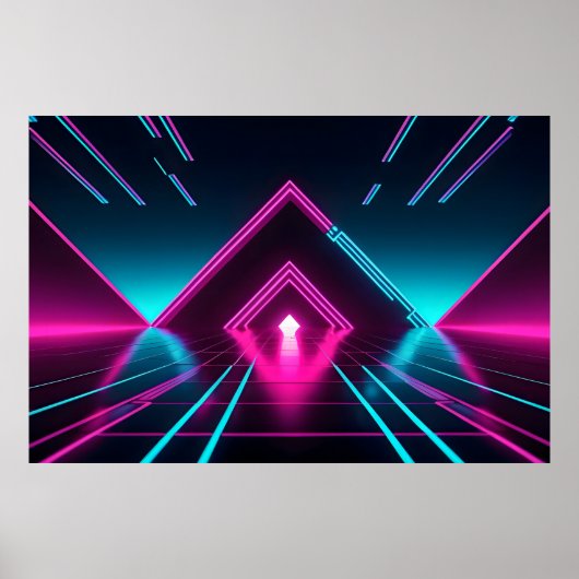 Poster Synthwave Neon Tunnel Glowing Pyramid Abstract (Devant)