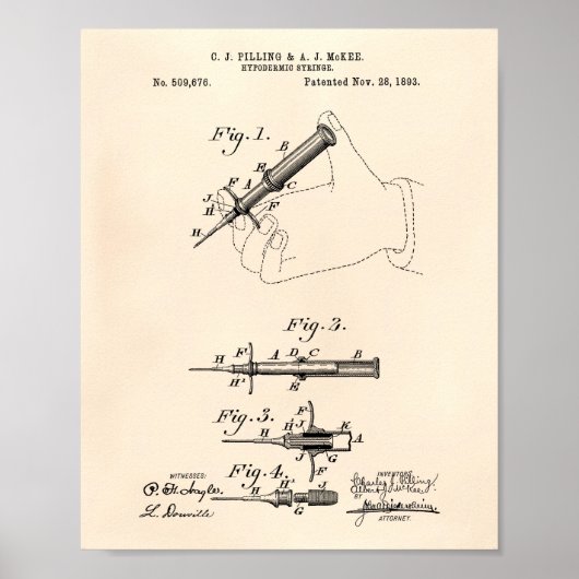 Poster Syringe Hypodermique 1893 Brevet Art Vieux Poivre (Devant)