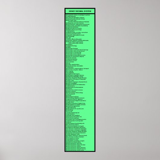 Poster Système décimal Dewey : Vert chaud avec en-tête (Devant)