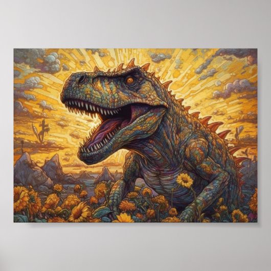 Poster T-rex dans un champ de tournesols (Devant)