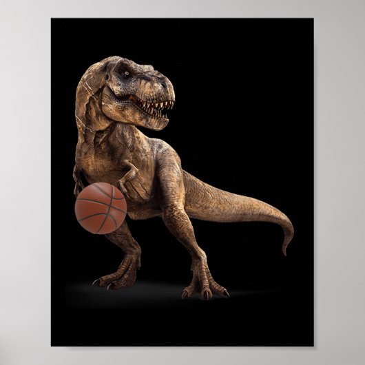 Poster T Rex Dinosaur Playing Sketll Funny Dinosaur Hoops (Devant)