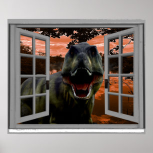 Poster T-Rex Dinosaur Sunset View Faux Window