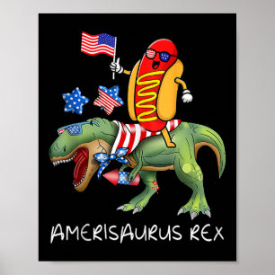 Poster T-Rex Dinosaure à cheval sur Hotdog 4 juillet Amer