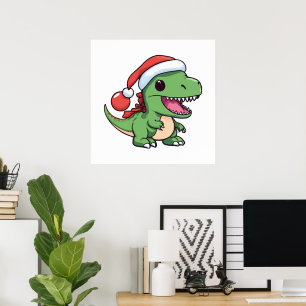 Poster T-Rex dinosaure Kawaii en chapeau de Noël