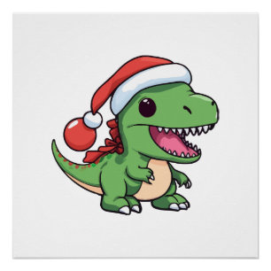 Poster T-Rex Dinosaure Mignon avec Chapeau de Noël