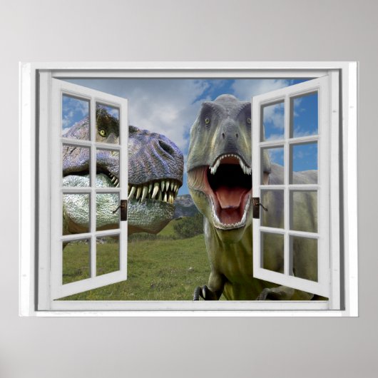 Poster T-Rex Dinosaures Vue Fenêtre Faux (Devant)