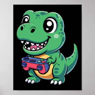 Poster T-Rex heureux avec manette de jeu Dino T mignon jo