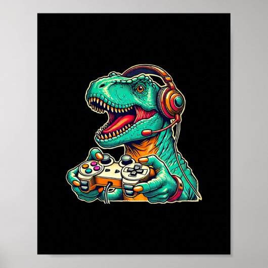 Poster T-rex jeu avec casque audio Dinosaure drôle Graphi (Devant)