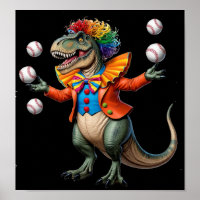 T-rex portant tenue clown et baseball jonglant