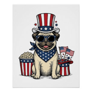 Poster T-shirt de chien avec gravure vintage Pug patrioti
