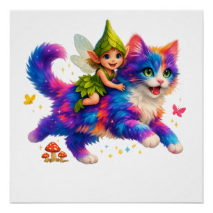 Poster T-shirt Fairy Riding Colorful Cat – T-shirt FaMign
