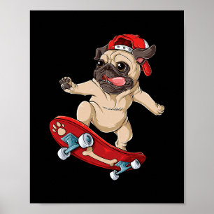 Poster T Shirt Pug Skateboard Chien Drôle Skateur Planche
