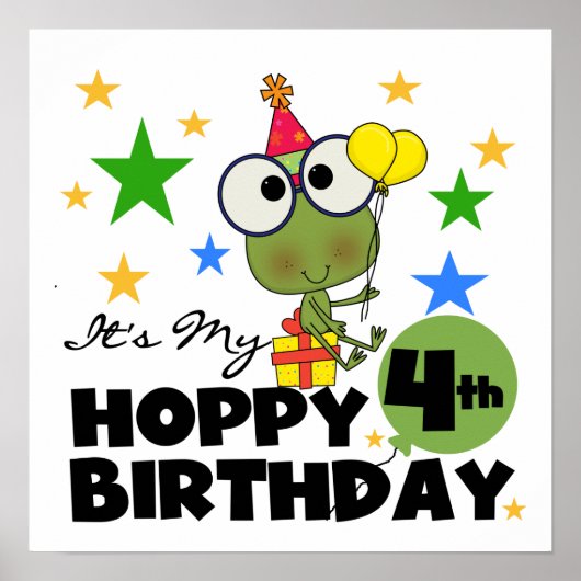 Poster T-shirts et cadeaux 4th Birthday Frog Hoppy (Devant)