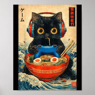 Poster T-shirts graphiques drôles japonais Ramen de chat