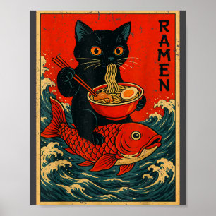 Poster T-shirts graphiques japonais Ramen Chat Noir pour