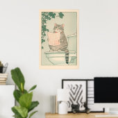 Poster Tabby Cat Bathroom Print Funny Japanese Ukiyo-e (Bureau à domicile)