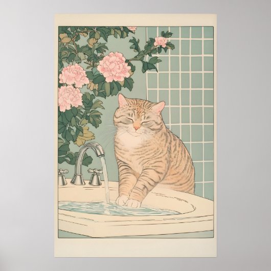 Poster Tabby Cat Bathroom Print Ukiyo-e Japanese Wall Art (Devant)