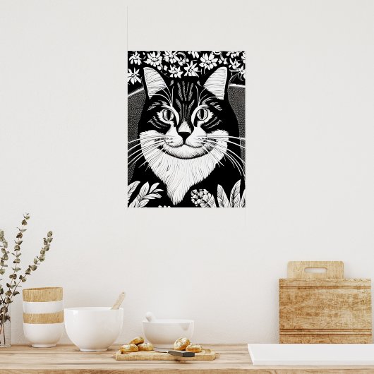 Poster Tabby Cat entouré de fleurs (Cuisine)