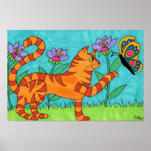 Poster Tabby Cat et Papillon Folk Art