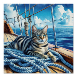 Poster Tabby Chat Sur Les Cordes De Bateau