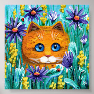 Poster Tabby Orange Chat Purple Aster Fleurs Créationarts