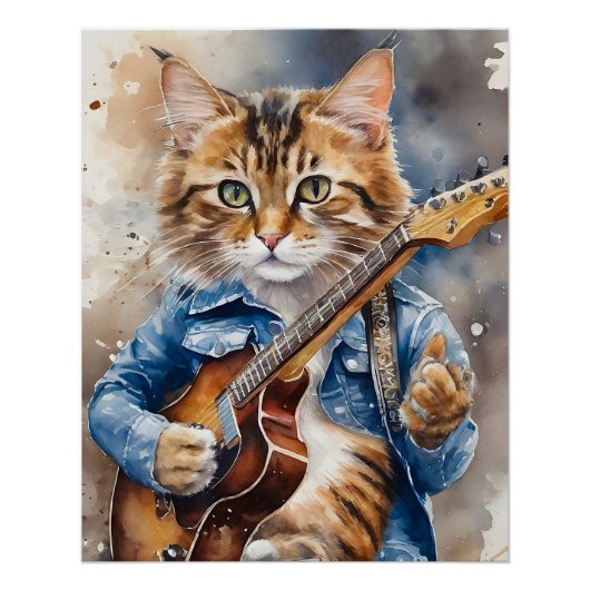 Poster Tabby rayé Cat Rock Star Jouer de la guitare (Devant)