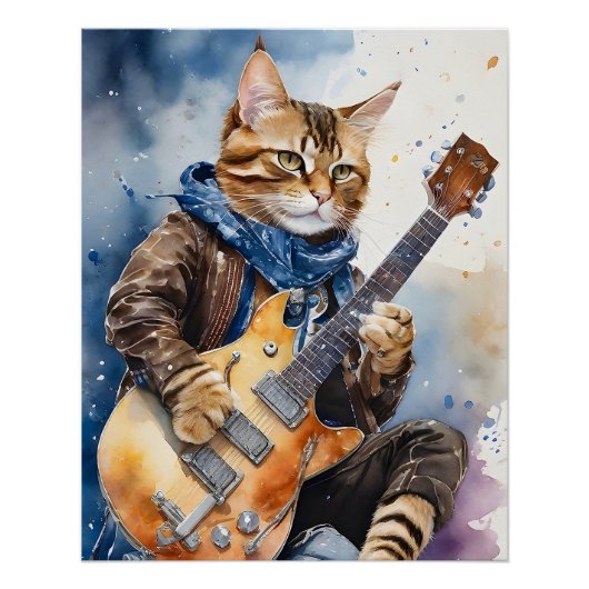 Poster Tabby Stried Cat Rock Star Jouer Guitare Brown (Devant)