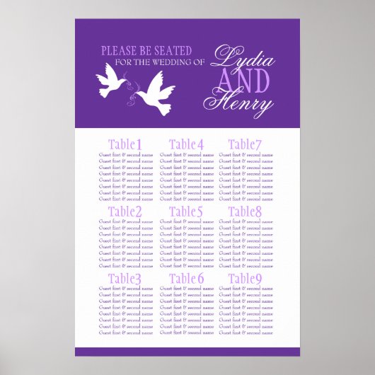 Poster table blanche pourpre mariage plan 1-9 (Devant)