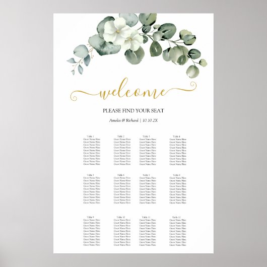 Poster table de mariage moderne au eucalyptus verdoyant (Devant)