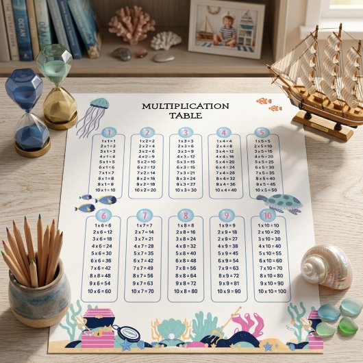 Poster Table de multiplication des animaux de l'océan sou