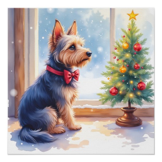 Poster Table de Noël à l'aquarelle Terrier Australien (Devant)