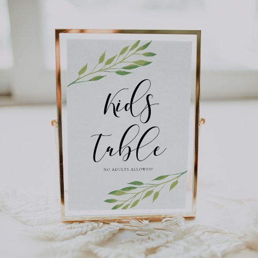 Poster Table Enfants Aquarelle vert feuille signe mariage