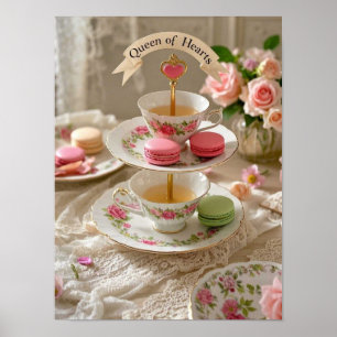 Poster Table fleurie, tasses d'eau, plateaux en gradins m