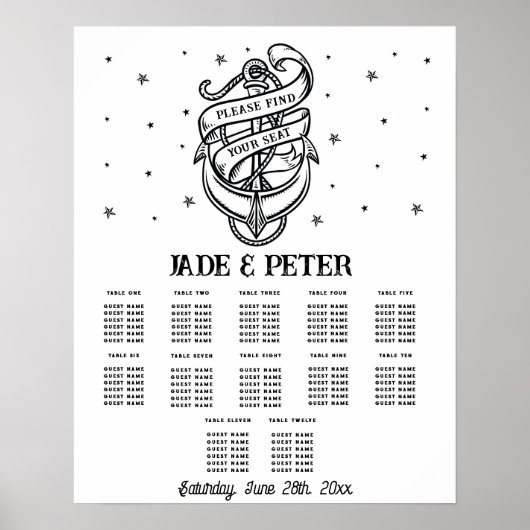 Poster Table Mariage Siège 12 Ancre traditionnelle de tat (Devant)