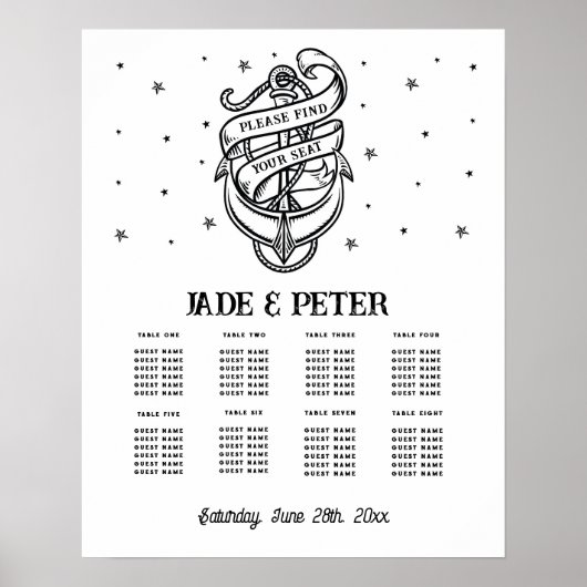 Poster Table Mariage Siège 8 Ancre traditionnelle tatouag (Devant)