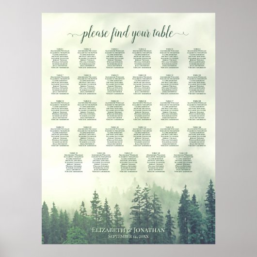 Poster Tableaux de Mariage 29 Tables avec des Pins Verts (Devant)