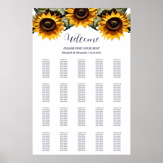 Poster Tableaux de sièges mariages de tournesols Jaune (Devant)