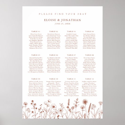 Poster Tablette de Mariage floral rustique en terre cuite (Devant)