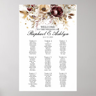 Poster Tableur mariage 9 tables, pivoines bordeaux