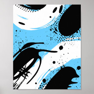 Poster Taches d'encre noire sur fond bleu et blanc