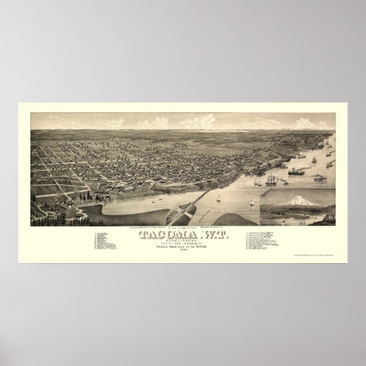 Poster Tacoma, WA Carte panoramique - 1884 (Devant)